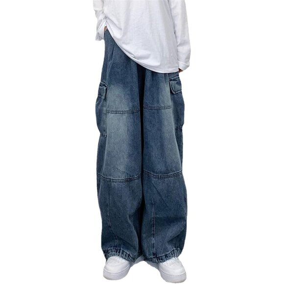 Vintage Y2K High Waist Women's Denim Cargo Pants with Drawstring and Pockets